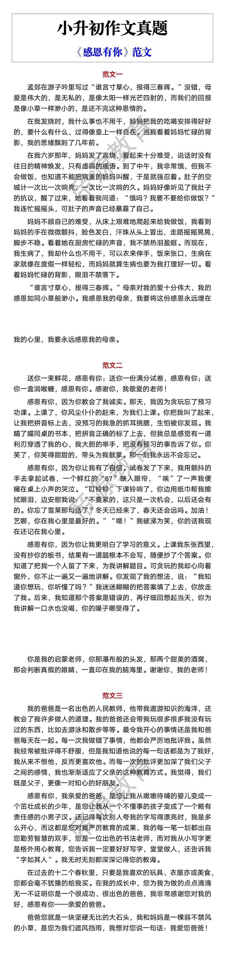 小升初作文真题 《感恩有你》范文