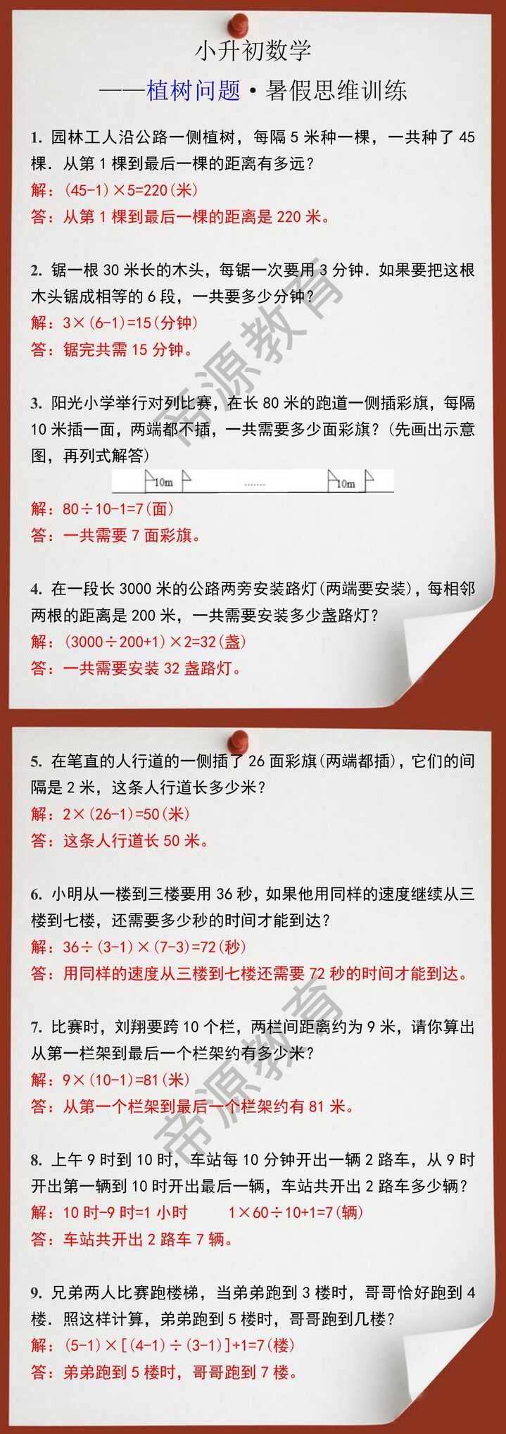 小升初数学植树问题暑假思维训练