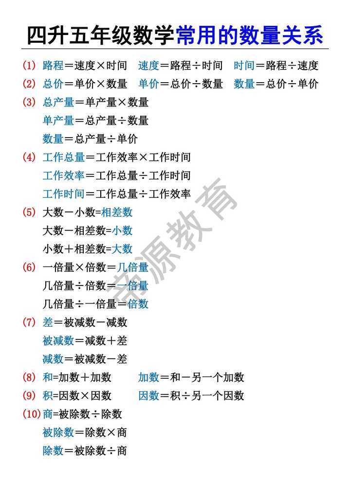 四升五年级数学常用的数量关系