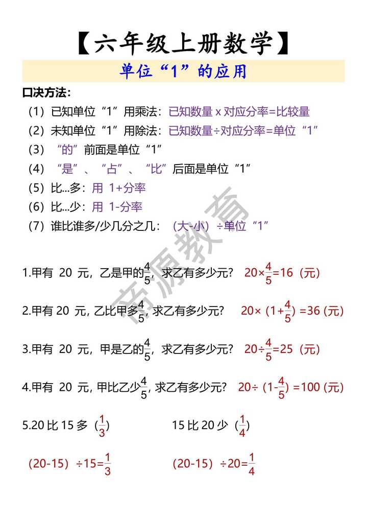 【六年级上册数学】 单位“1”的应用