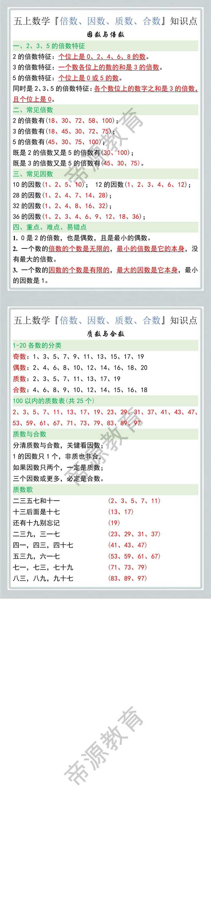 五上数学『倍数、因数、质数、合数』知识点