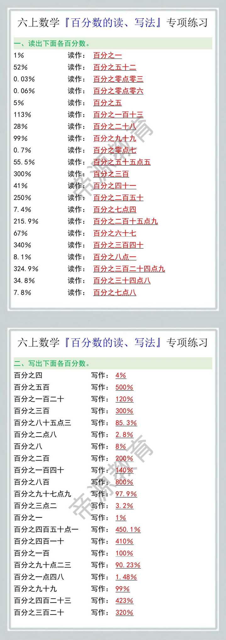六上数学『百分数的读、写法』专项练习