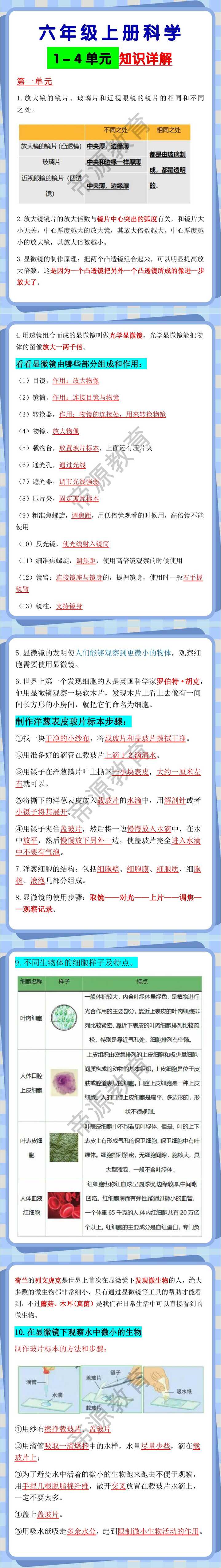 六年级上册科学1 - 4单元 知识详解