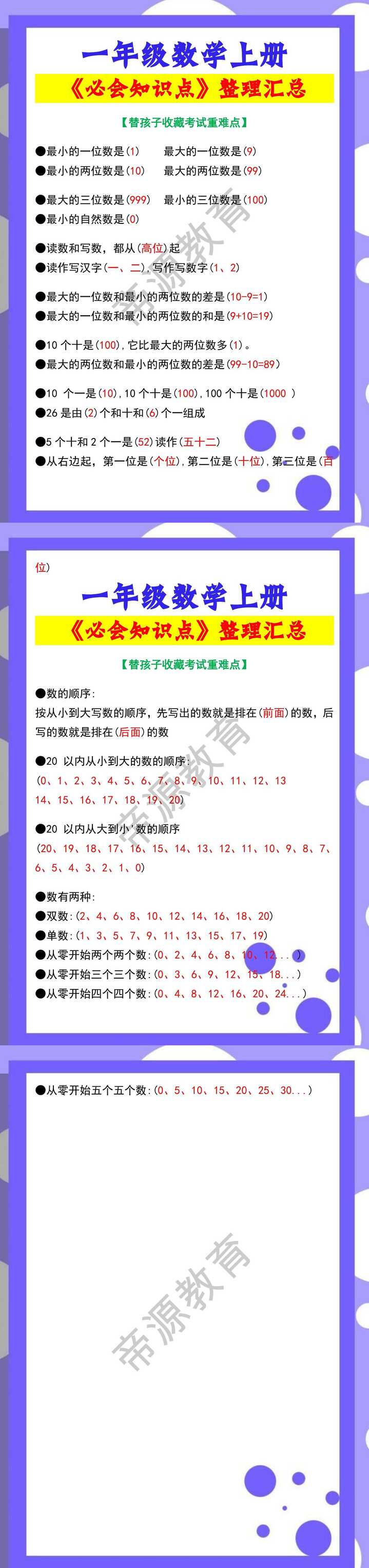 一年级数学上册《必会知识点》整理汇总