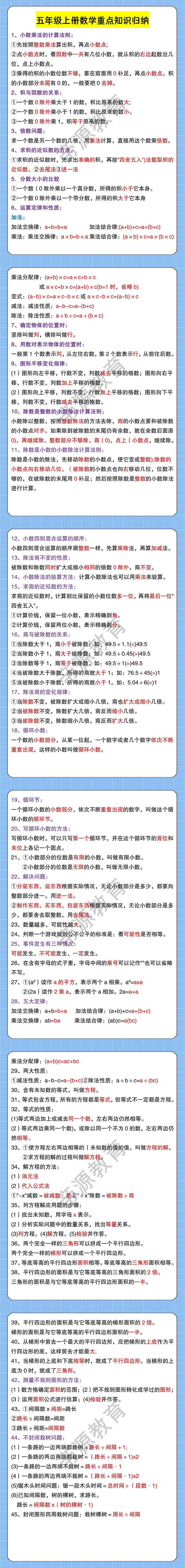 五年级上册数学重点知识归纳