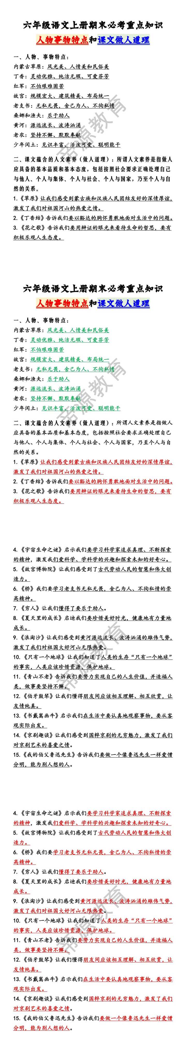 六年级语文上册期末必考重点知识人物事物特点和课文做人道理