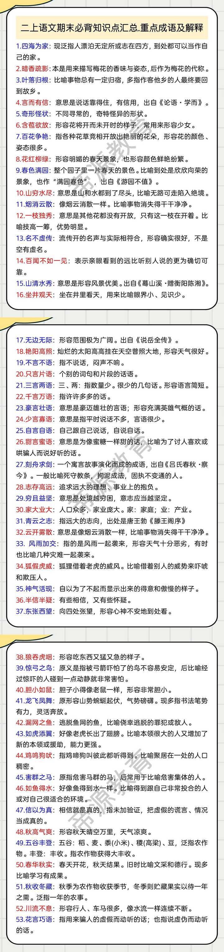 二上语文期末必背知识点汇总.重点成语及解释
