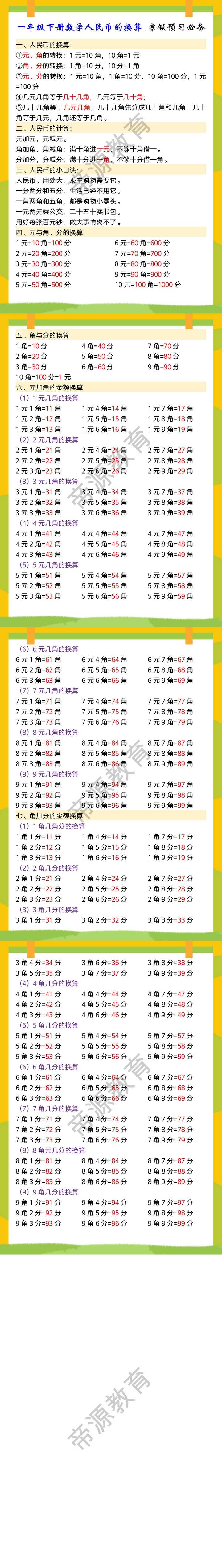 一年级下册数学人民币的换算.寒假预习必备