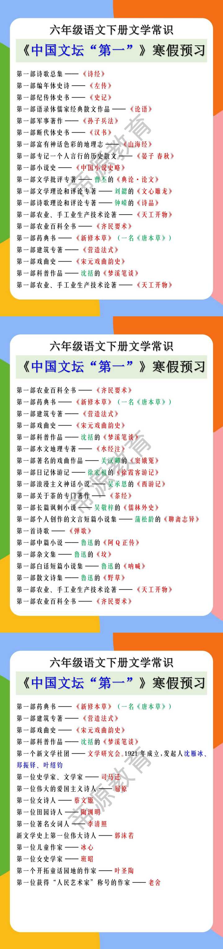 六年级语文下册文学常识《中国文坛“第一”》寒假预习