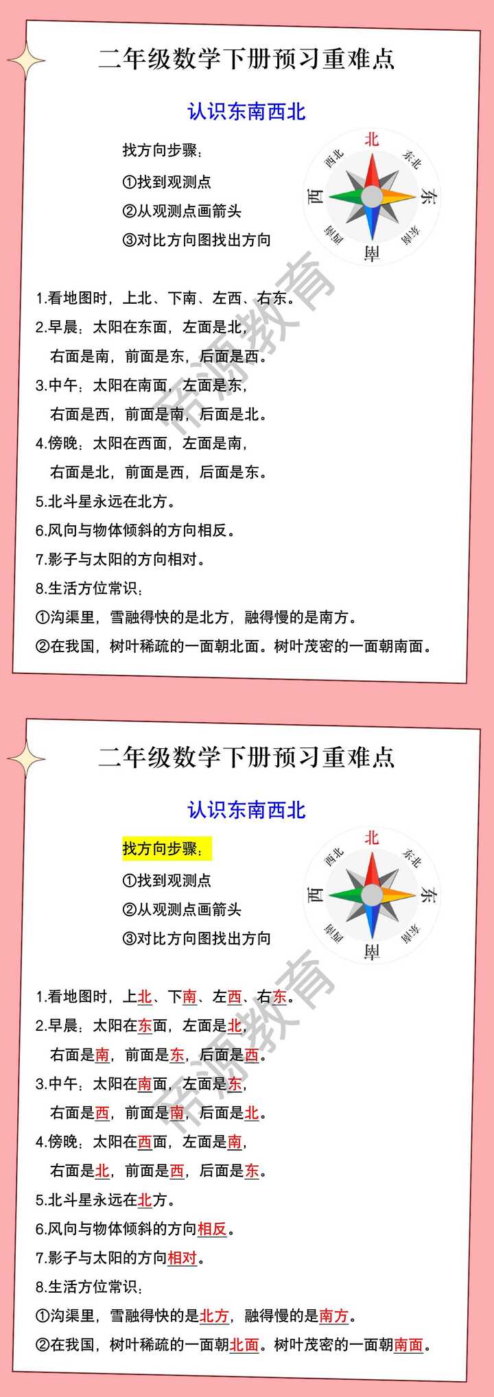 二年级数学下册预习重难点 认识东南西北