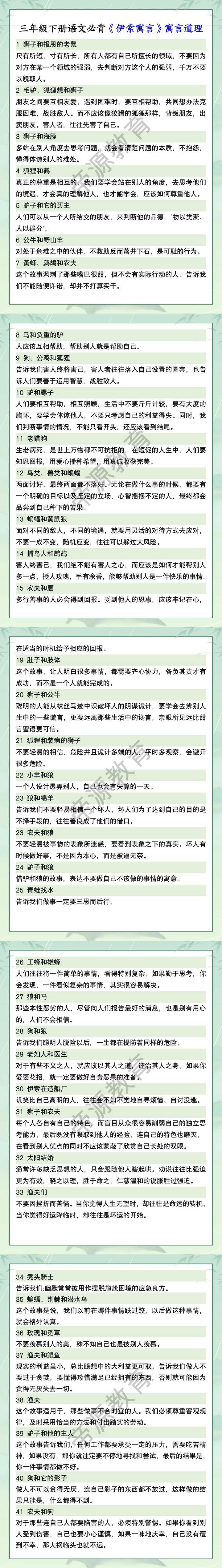 三年级下册语文必背《伊索寓言》寓言道理