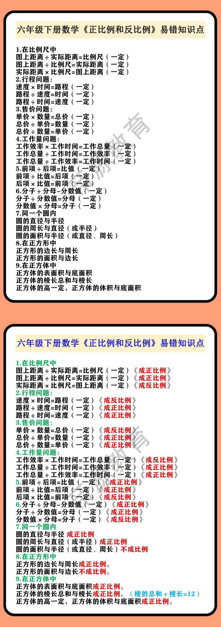 六年级下册数学《正比例和反比例》易错知识点