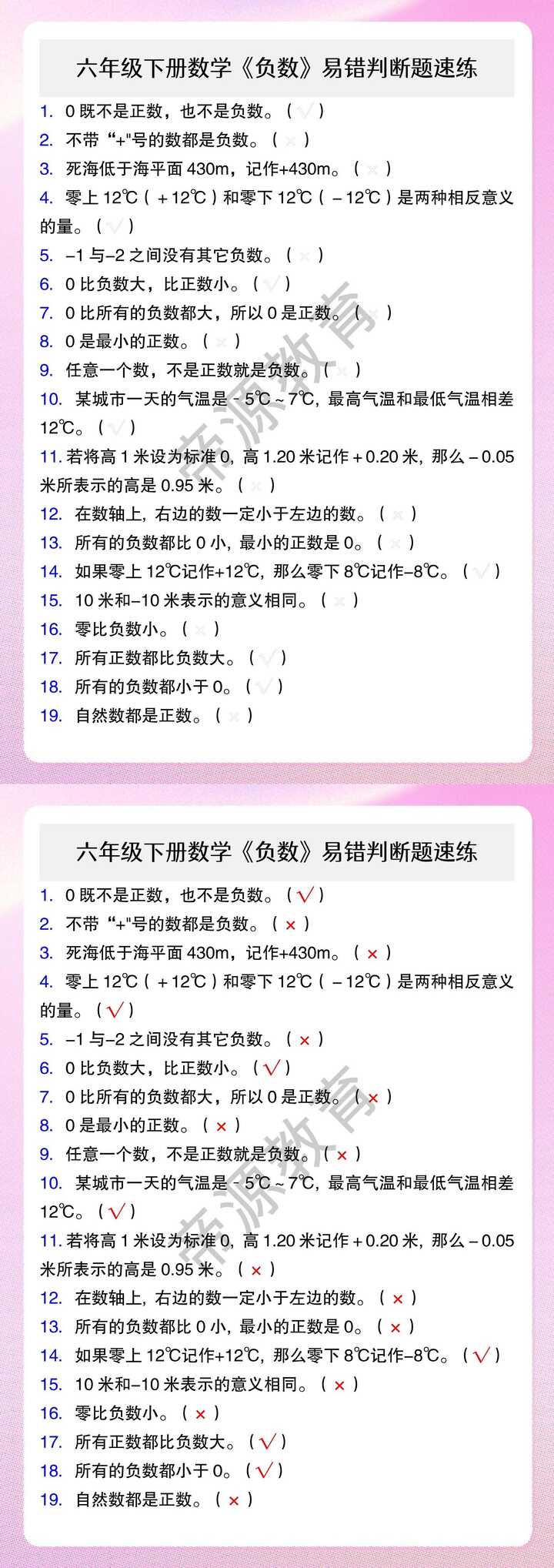 六年级下册数学《负数》易错判断题速练