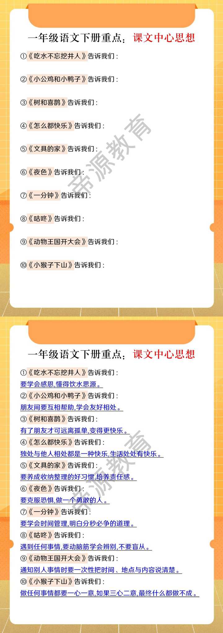一年级语文下册重点：课文中心思想