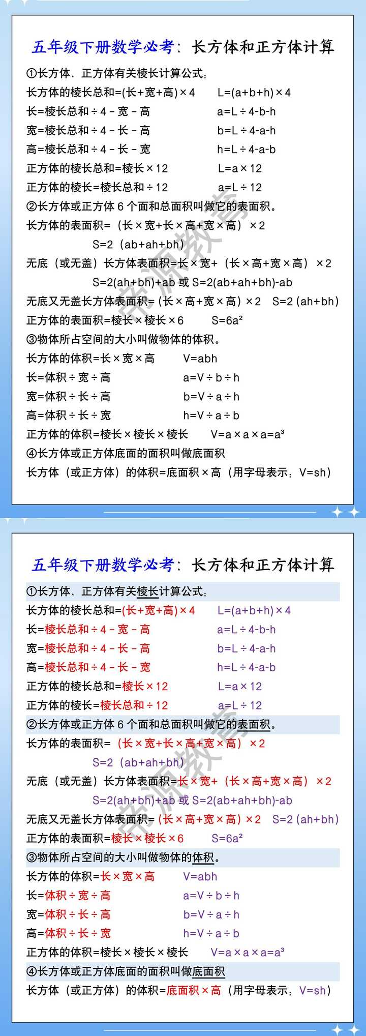 五年级下册数学必考：长方体和正方体计算