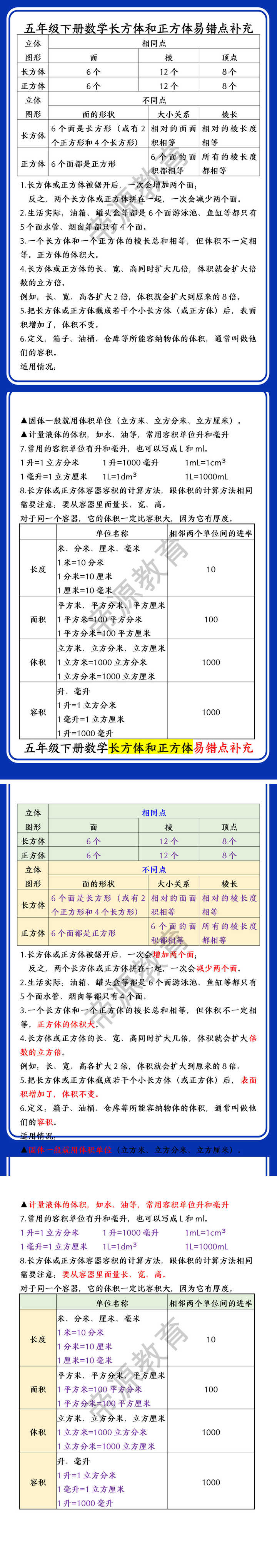 五年级下册数学长方体和正方体易错点补充
