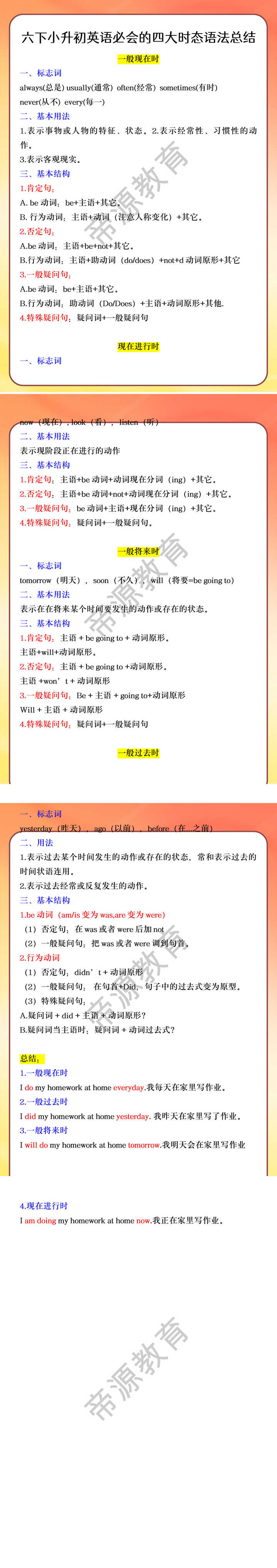 六下小升初英语必会的四大时态语法总结