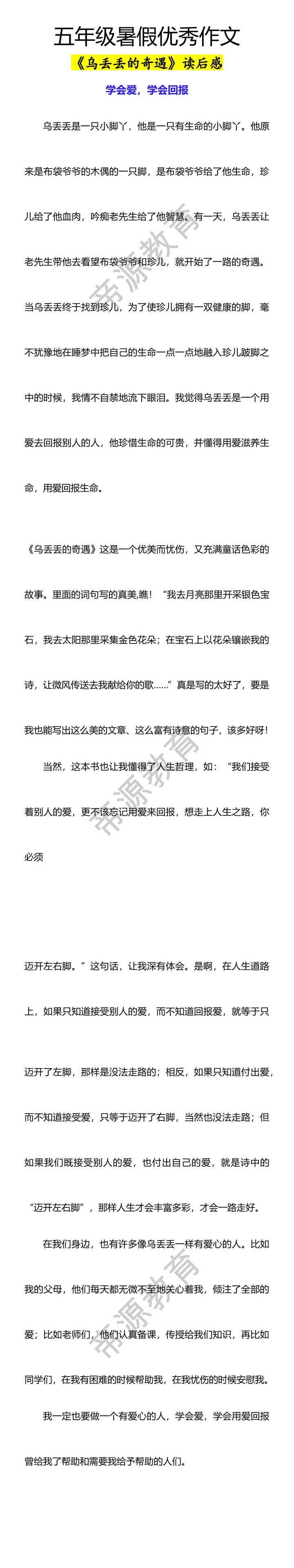 五年级暑假优秀作文《乌丢丢的奇遇》读后感
