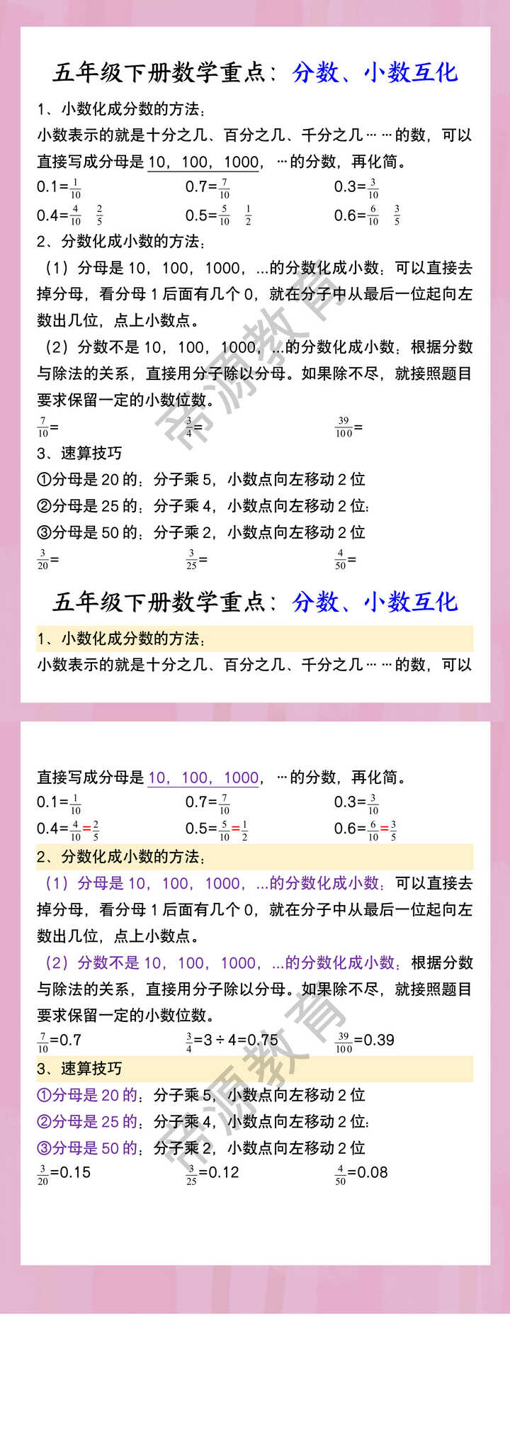 五年级下册数学重点：分数、小数互化