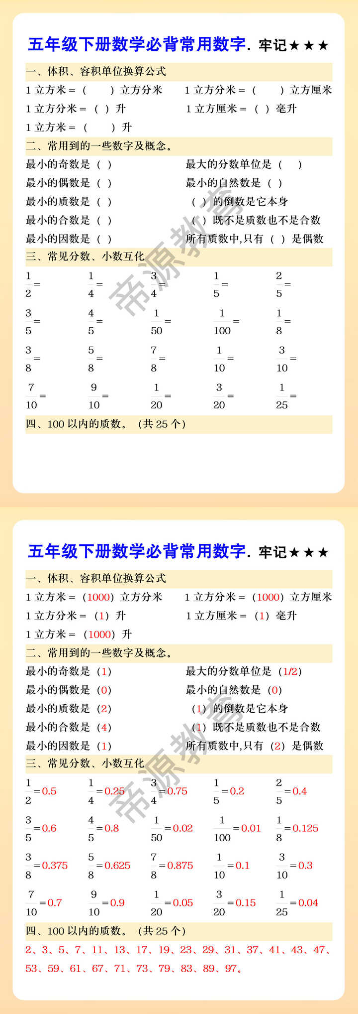 五年级下册数学必背常用数字.