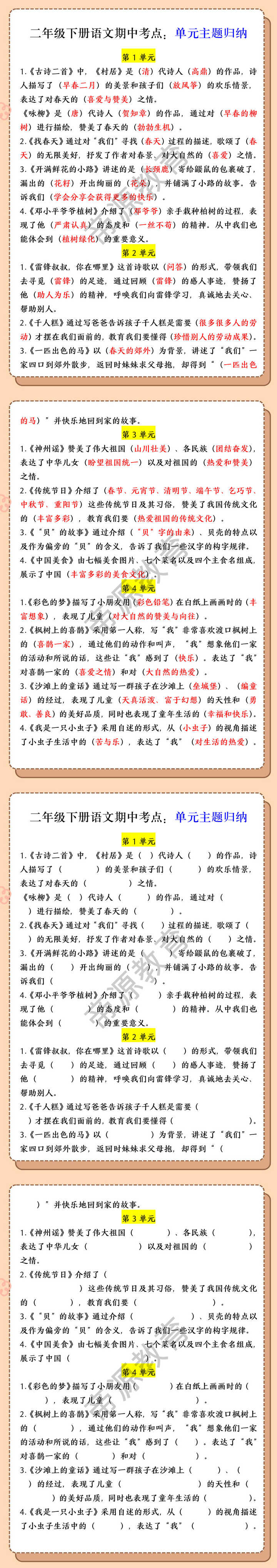 二年级下册语文期中考点：单元主题归纳