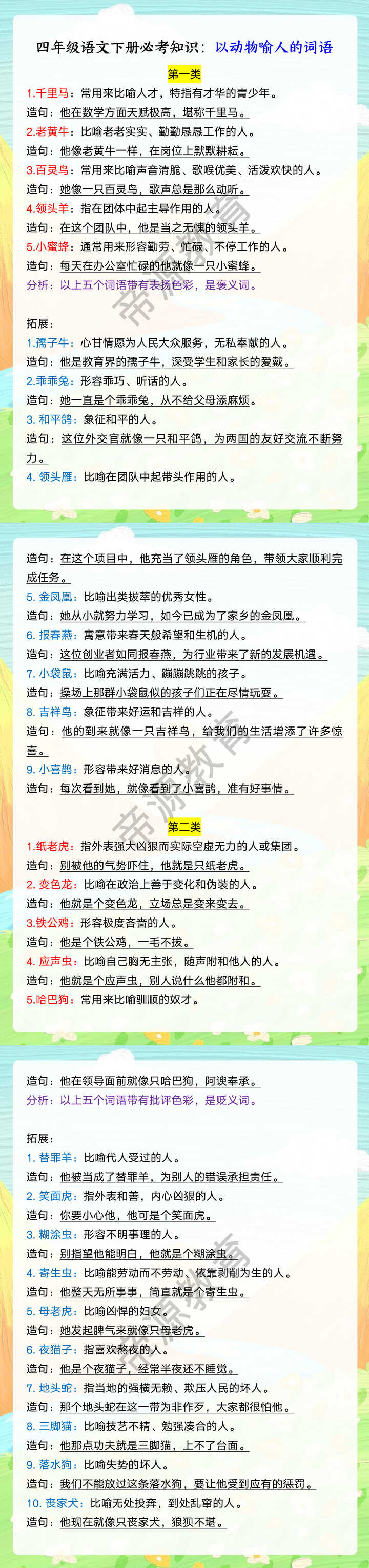 四年级语文下册必考知识：以动物喻人的词语