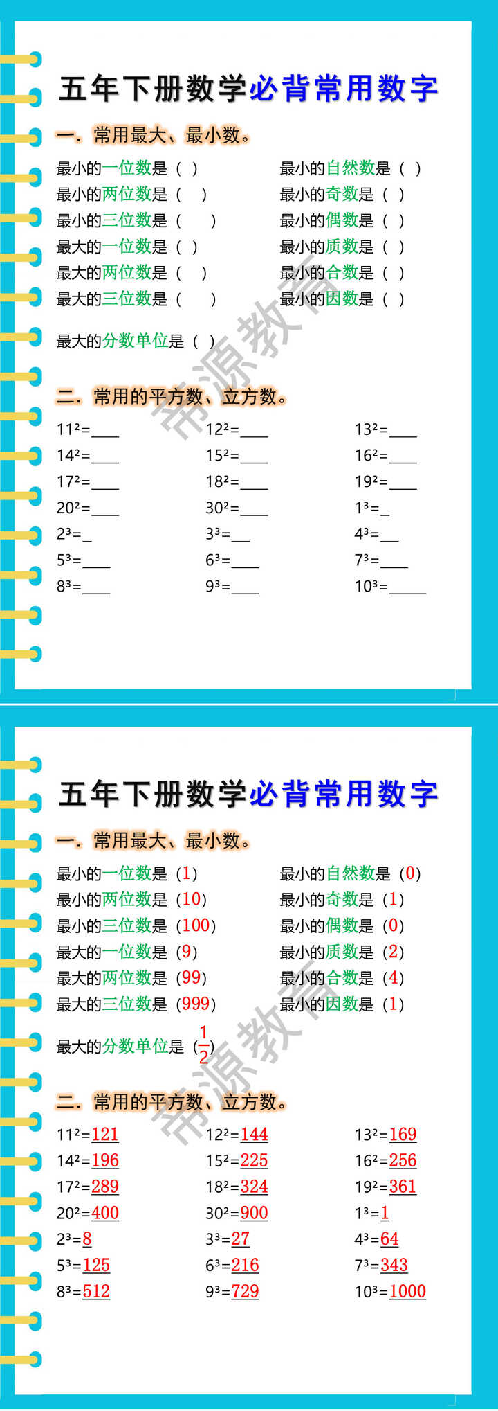 五年下册数学必背常用数字