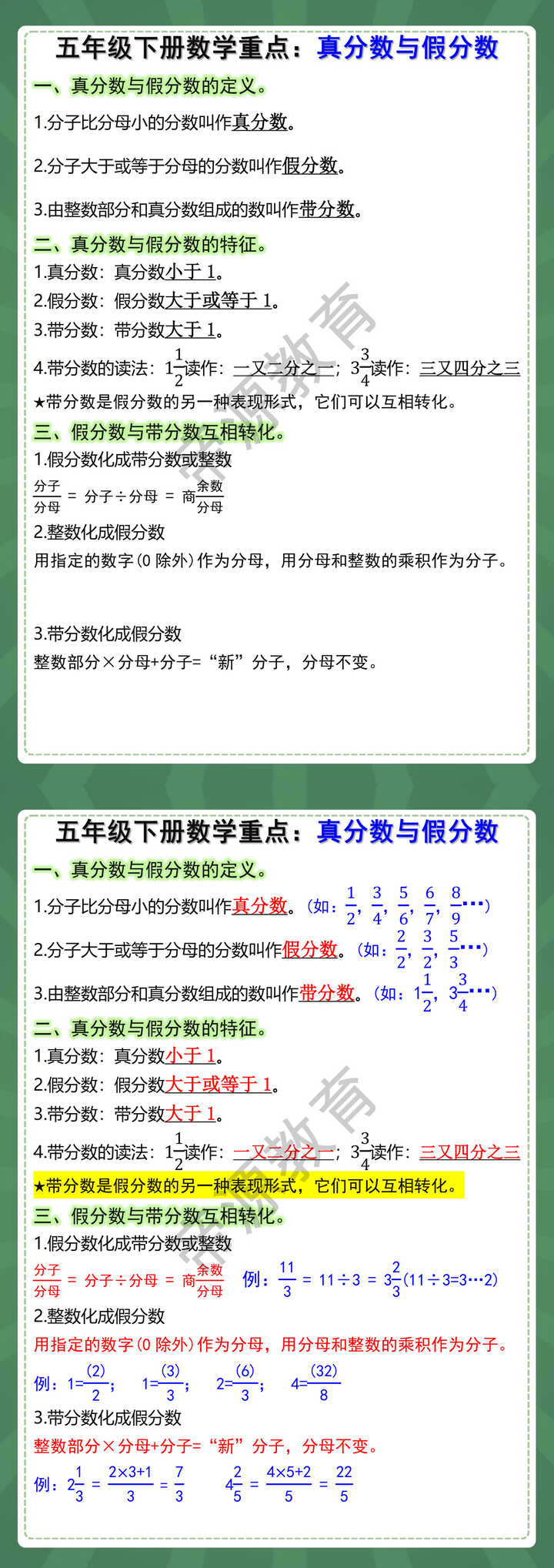 五年级下册数学重点：真分数与假分数