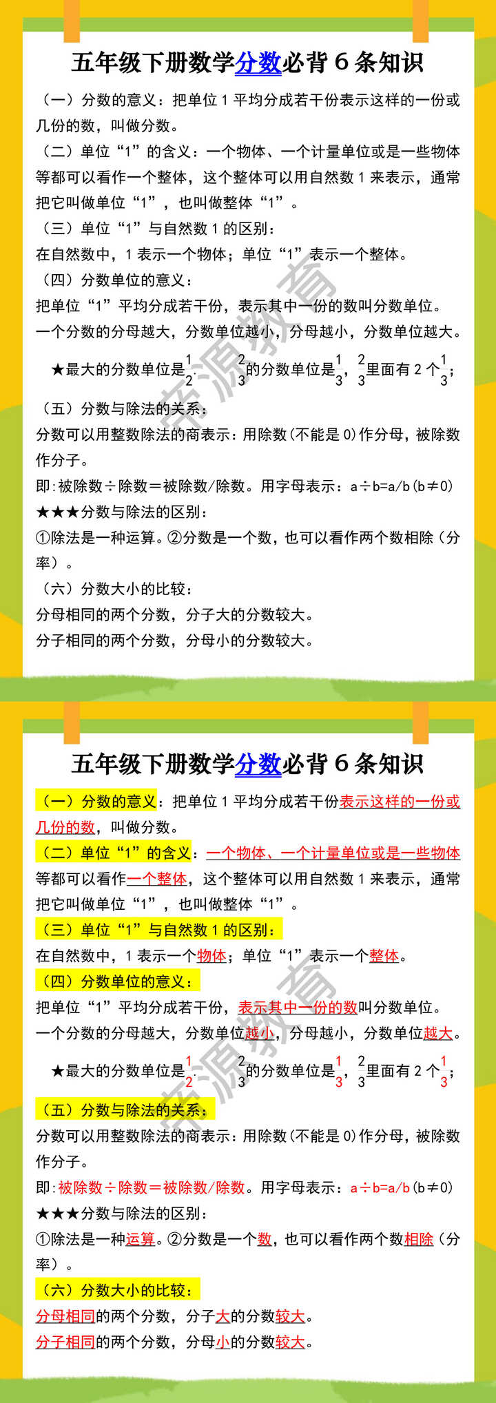 五年级下册数学分数必背6条知识