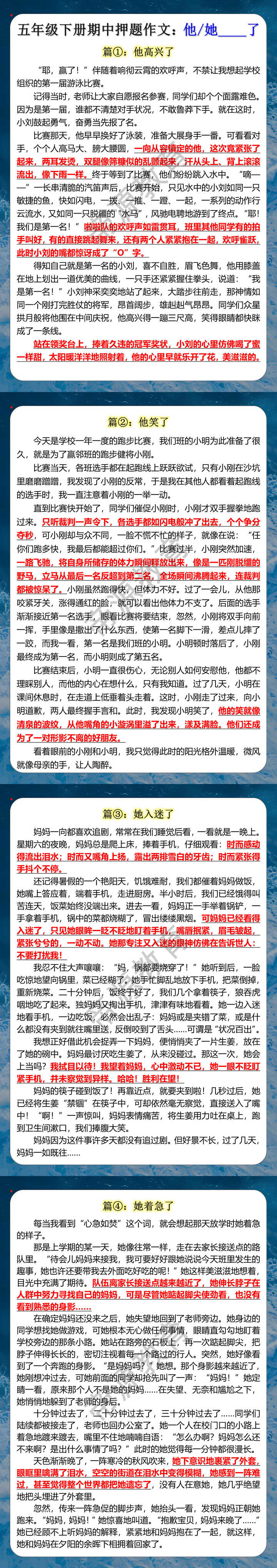 五年级下册期中押题作文：他/她____了