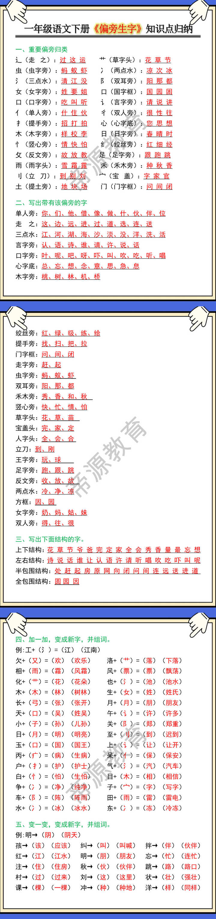 一年级语文下册《偏旁生字》知识点归纳