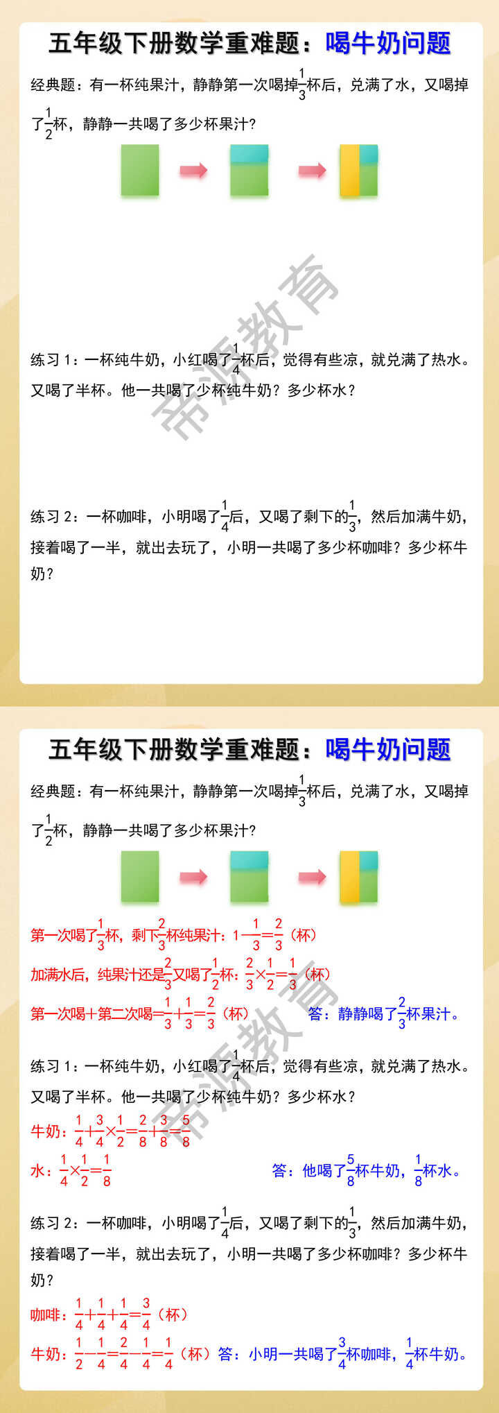 五年级下册数学重难题：喝牛奶问题