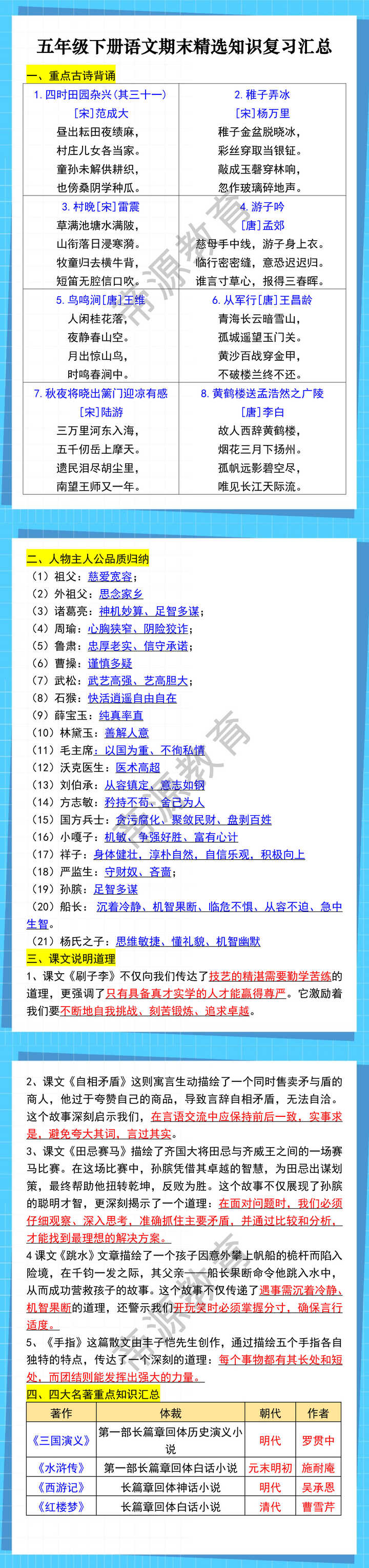 五年级下册语文期末精选知识复习汇总