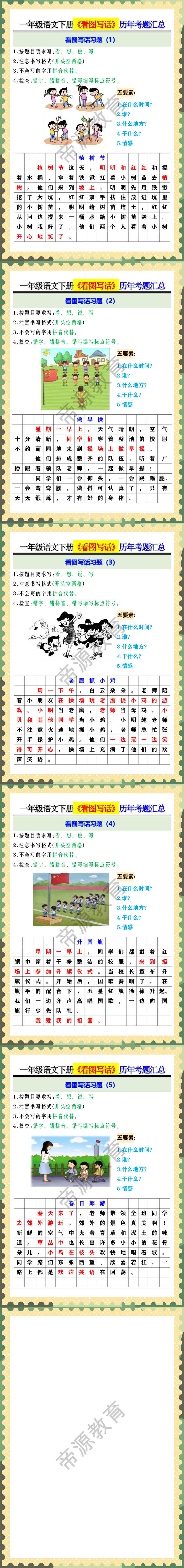 一年级语文下册《看图写话》历年考题汇总