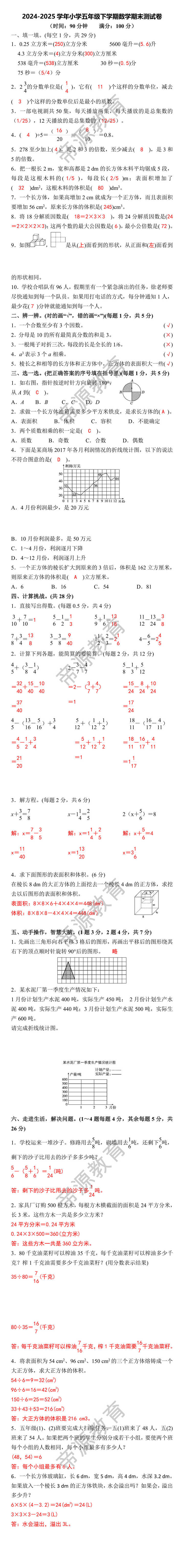 2024-2025学年小学五年级下学期数学期末测试卷