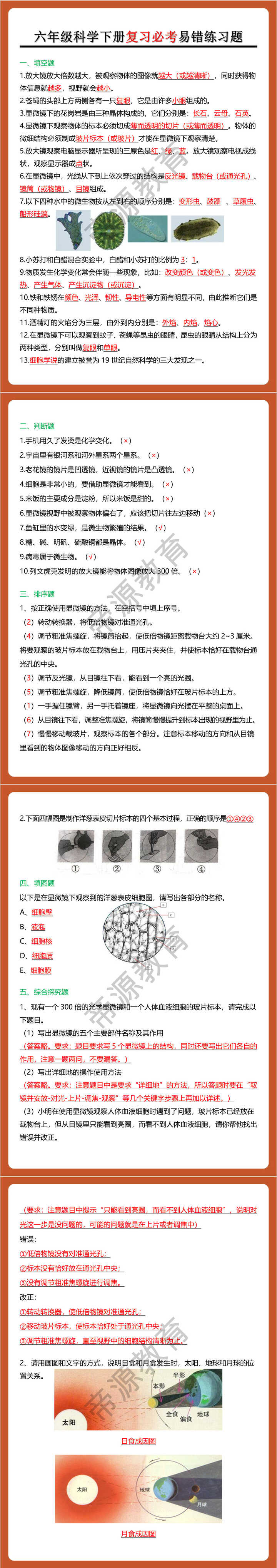 六年级科学下册复习必考易错练习题