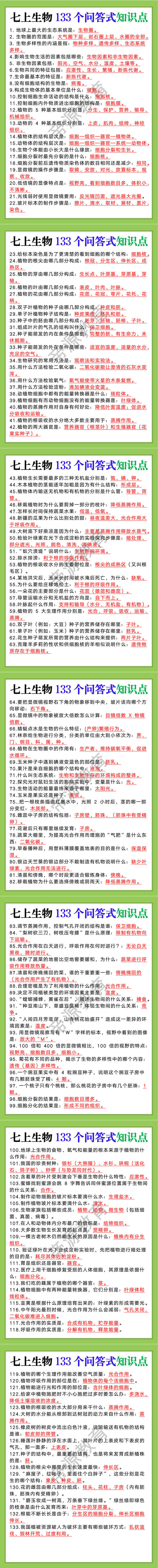 七上生物133个问答式知识点
