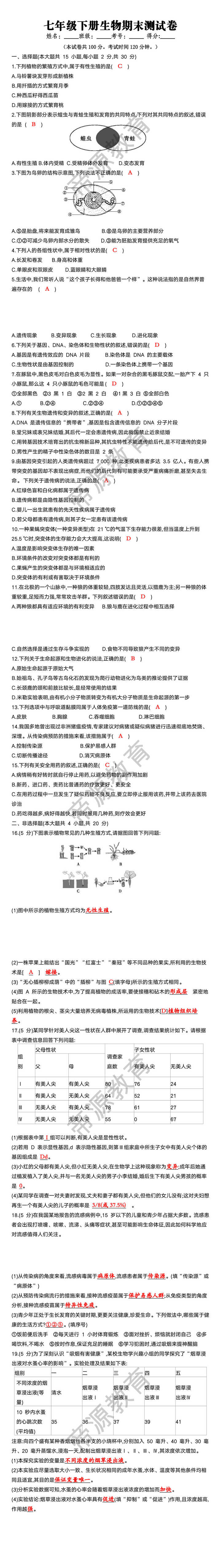 七年级下册生物期末测试卷