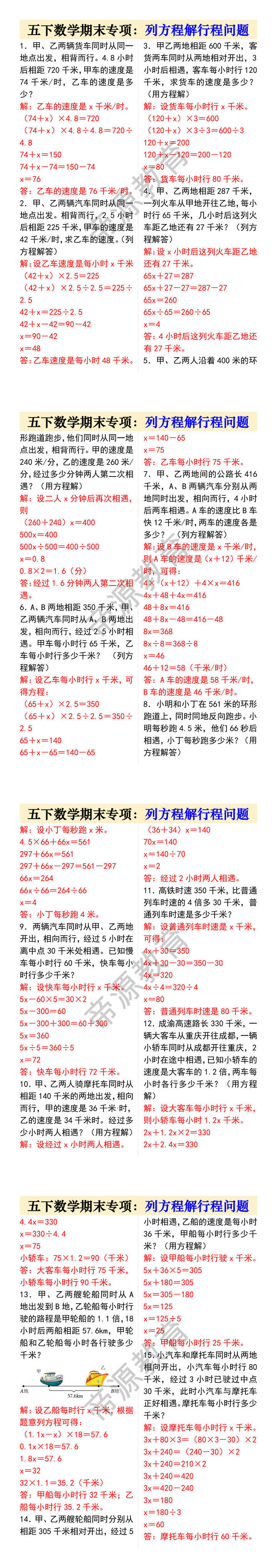五下数学期末专项：列方程解行程问题