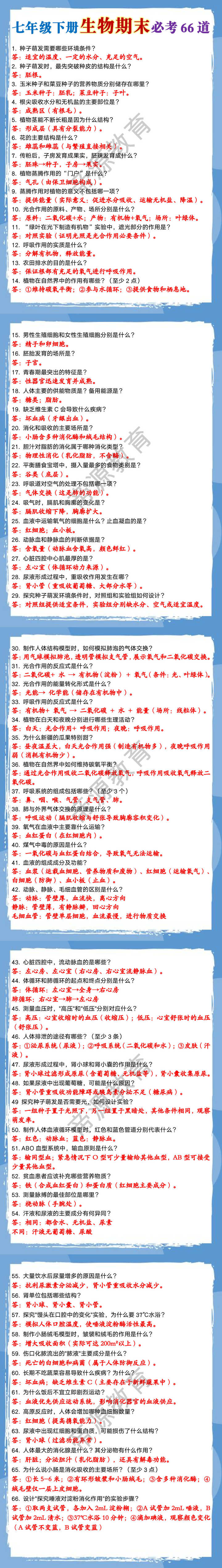 七年级下册生物期末必考66道