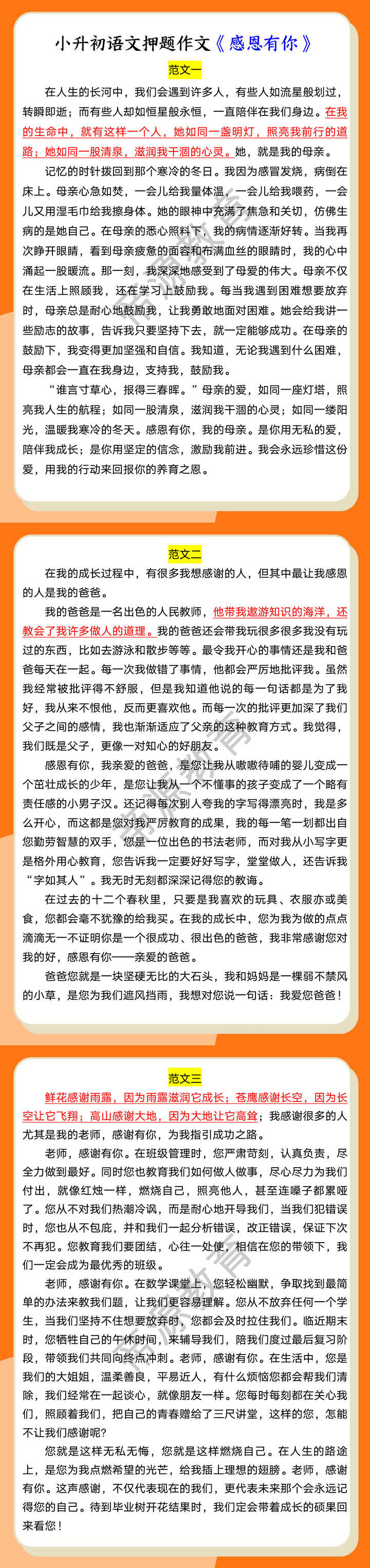 小升初语文押题作文《感恩有你》