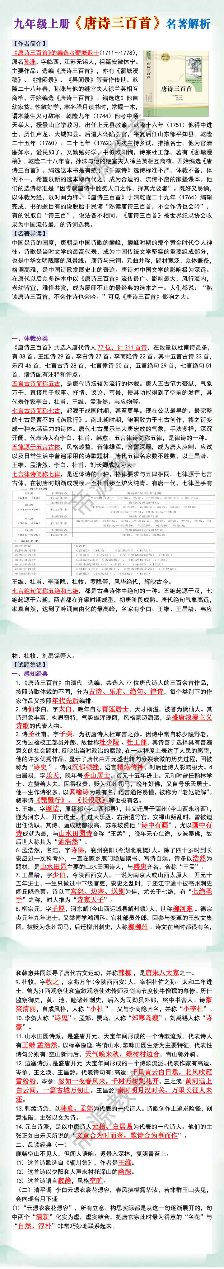九年级上册唐诗三百首名著解析