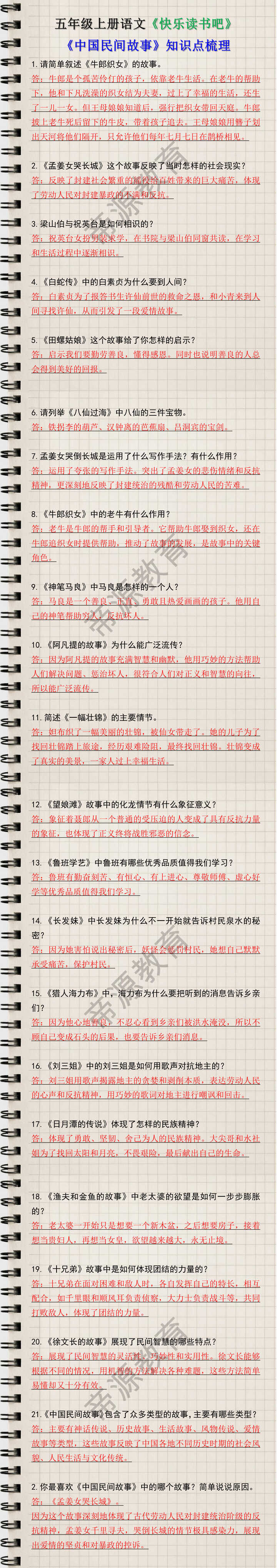五年级上册快乐读书吧中国民间故事知识点