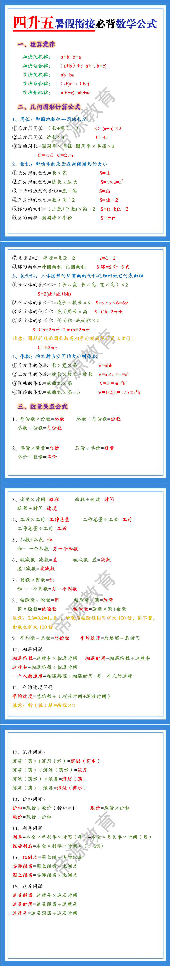 四升五暑假必背数学公式