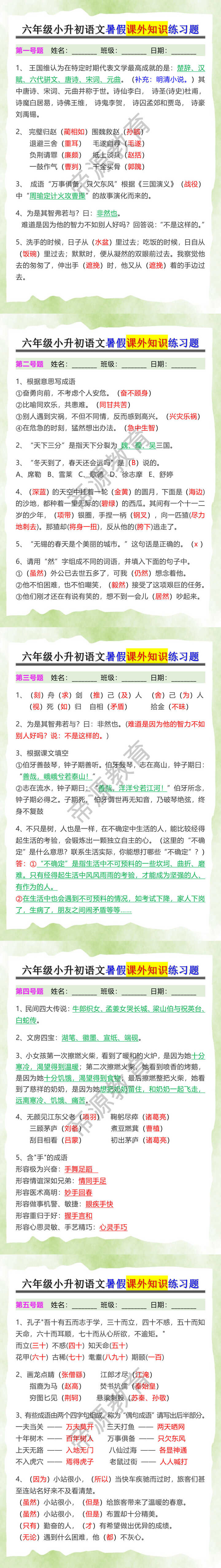 六年级小升初语文暑假课外知识练习题