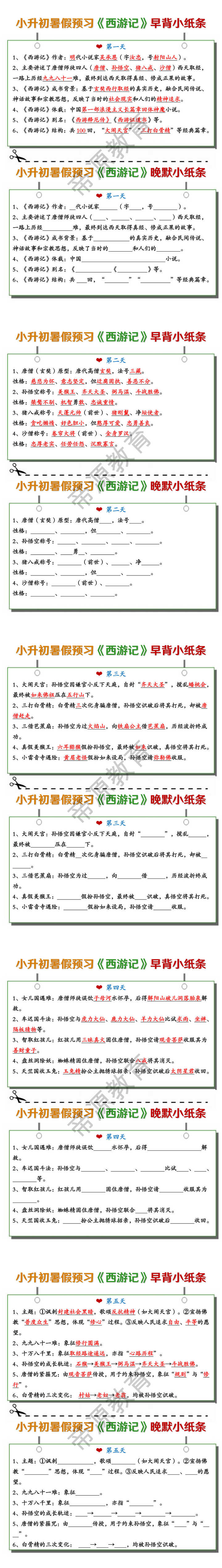 七上必读名著《西游记》早背晚默小纸条