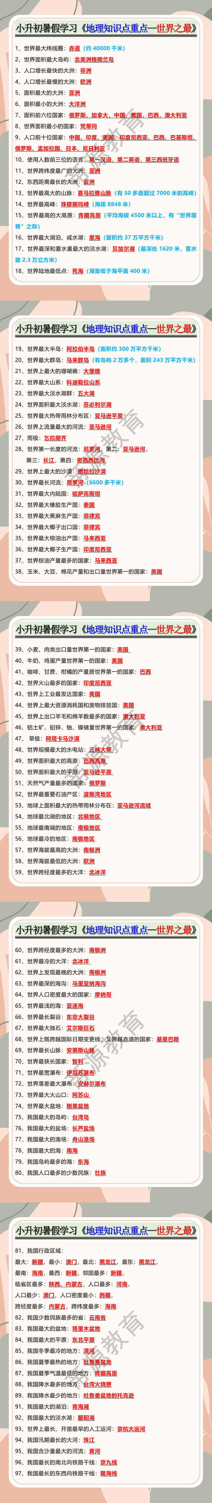 小升初暑假学习《地理知识点重点—世界之最》