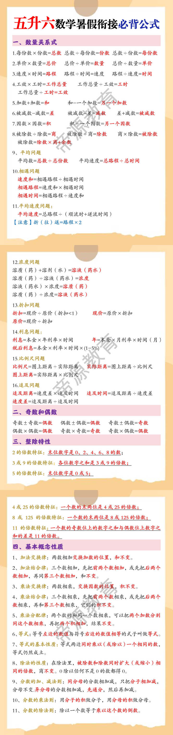 五升六数学暑假衔接必背公式