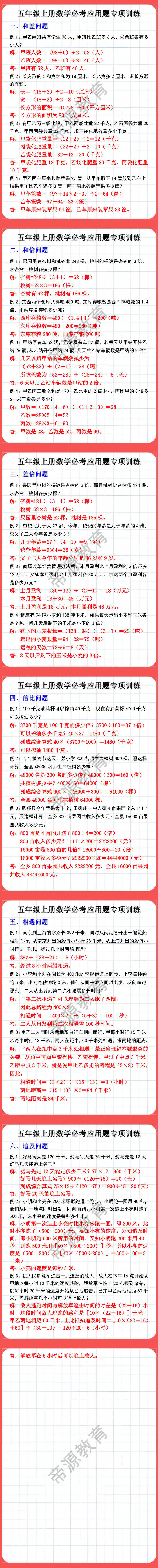 五年级上册数学必考应用题专项训练
