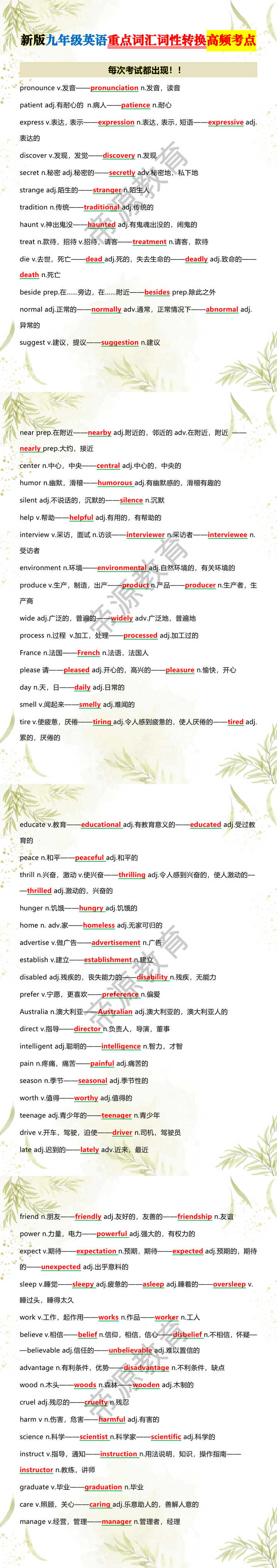 新版九年级英语重点词汇词性转换高频考点